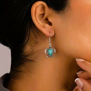925 Sterling Silver Womens Hanging Turtle Turquoise Gemstone Earrings Jewelry